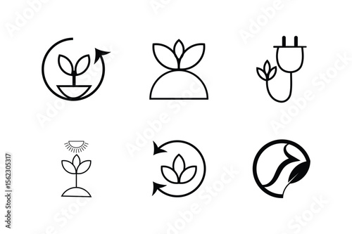 Sustainable Energy Icons Eco-Friendly Plant & Growth Line Art Graphics