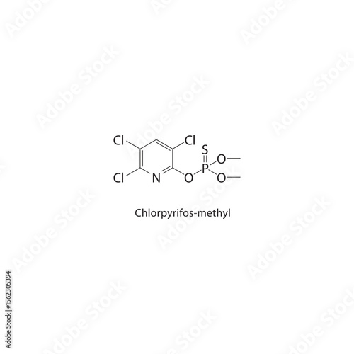 Chlorpyrifos-methyl skeletal structure. Organophosphate pesticide compound schematic illustration. Simple diagram, chemical formula.