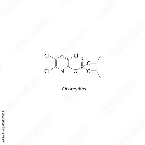 Chlorpyrifos skeletal structure. Organophosphate pesticide compound schematic illustration. Simple diagram, chemical formula.
