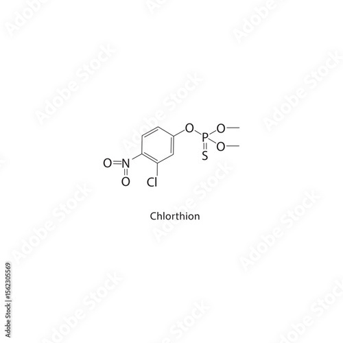 Chlorthion skeletal structure. Organophosphate insecticide compound schematic illustration. Simple diagram, chemical formula.