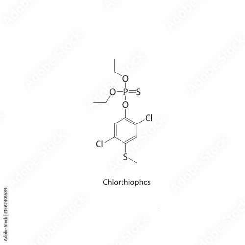 Chlorthiophos skeletal structure. Organophosphate insecticide compound schematic illustration. Simple diagram, chemical formula.