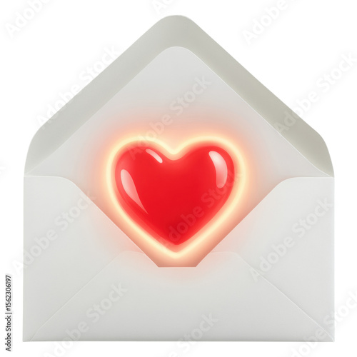 A glowing red heart inside an open white envelope, symbolizing love and affection.