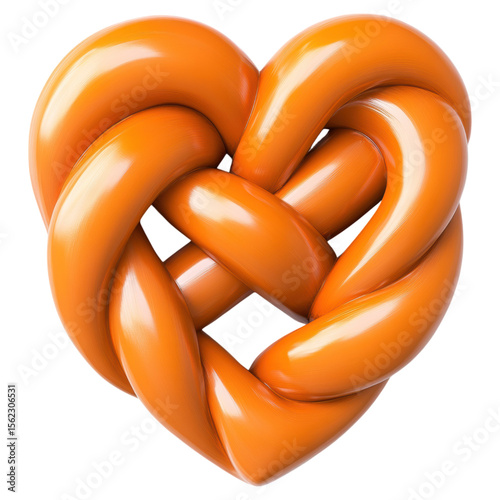A shiny, orange, heart-shaped object formed by twisted, smooth tubes intricately interwoven in a knot design.