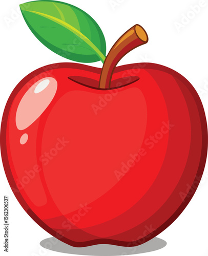 A vibrant red apple with a green leaf and stem on a white background