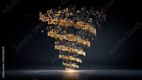 Abstract Digital Vortex: A swirling symphony of golden and gray data cubes in a dark abyss.