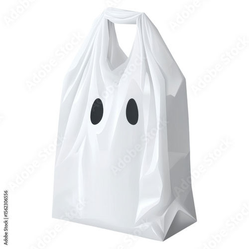 A white plastic shopping bag with two oval-shaped holes resembling eyes.