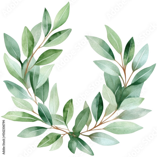 A watercolor wreath made of green leaves with brown stems arranged in a circular shape.