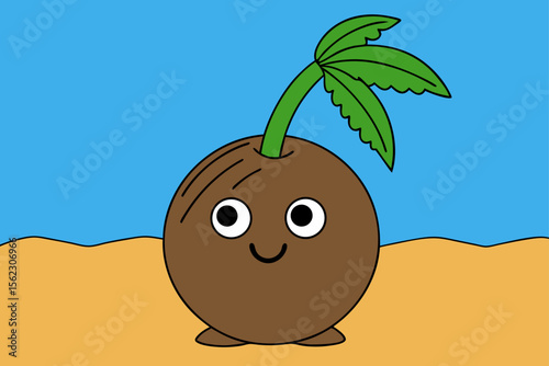 Tropical Coconut Beach Scene Vector with Palm Leaves