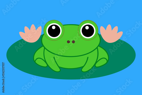 Green Frog in Pond with Water Lilies Scene