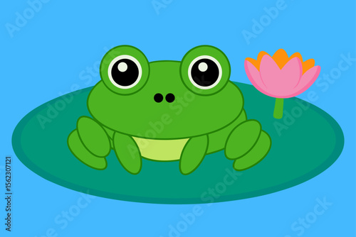 Cute Frog Resting in Lily Pond Nature Illustration