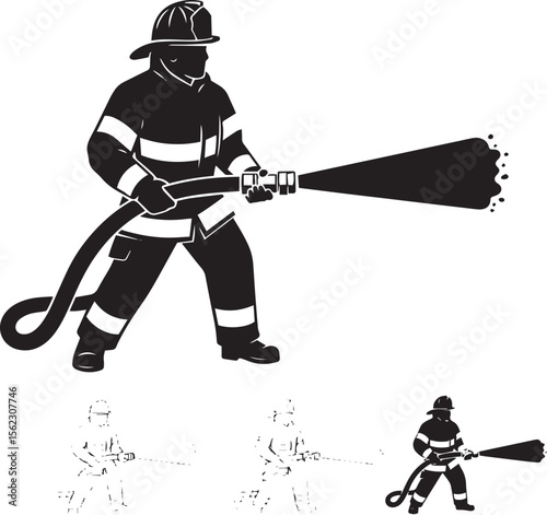 Firefighter with Hose Silhouette and Icon Set