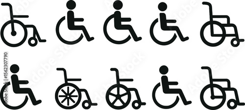 Disabled man and woman icon set with wheelchair symbols for accessibility and medical sign usage