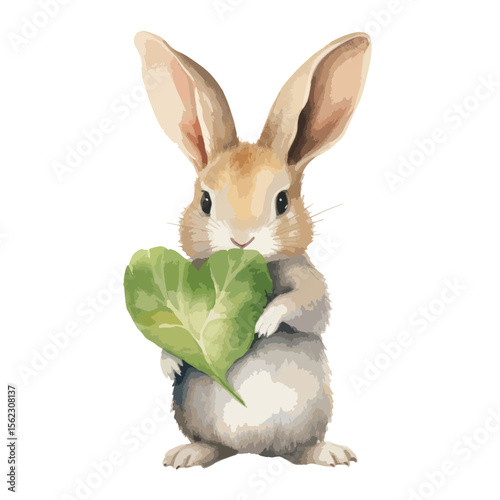 watercolor pet rabbit with a heart-shaped leaf illuSTRATION