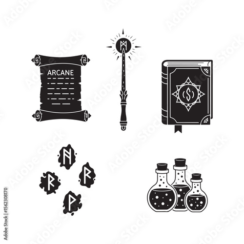 Black and White Arcane Symbols Scroll Wand Book Runes and Bottles vector elements