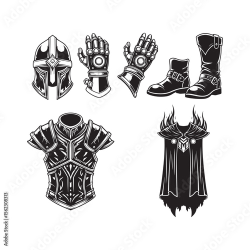 Black and White Armor and Clothing Elements vector Illustration