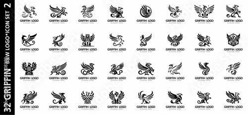 Set of 32 black and white griffin logos in unique vector style. Perfect for fantasy branding, heraldic emblems, and creative design projects.