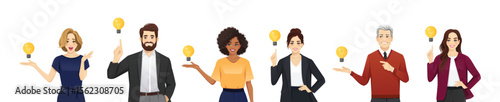 Set of people having ideas, showing light bulbs and pointing upwards. Concept of inspiration and creativity and teamwork. Isolated vector illustration 