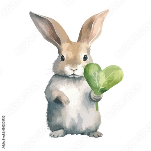 watercolor pet rabbit with a heart-shaped leaf illuSTRATION
