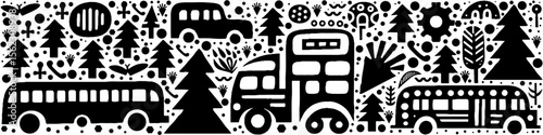 Hand‑Drawn Bus Illustration, Tribal Urban Folk Art Pattern Vector for Transportation and City Adventure Themes Design