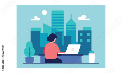 Woman Working on Laptop with Cityscape Background Vector Illustration