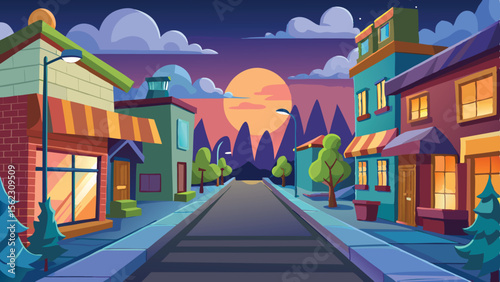 Cartoon Cityscape at Sunset with Buildings, Street, and Trees Illustration Style