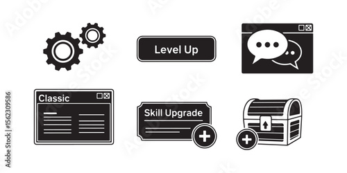 Black and White Game vector Icons Gears Level Up Chat Window Skill Upgrade Chest