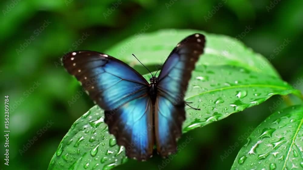 A stunning Blue Morpho butterfly opens its iridescent wings while perched on a wet green leaf covered in morning dew in a lush tropical rainforest, shown in a cinematic close-up. A stunning Blue Morpho butterfly opens its iridescent wings while perched on a wet green leaf covered in morning dew in a lush tropical rainforest, shown in a cinematic close-up.