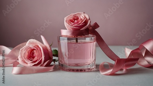 Pink Rose Quartz Roller and Silk Ribbon Beside Pink Liquid in Glass