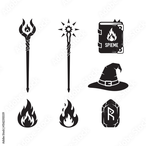 Black and White Magic Symbols: Wands, Book, Hat, Flames, and Rune Stone vector icons set