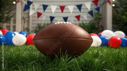 Football on grass with festive decorations and balloons in the background. independence day concept