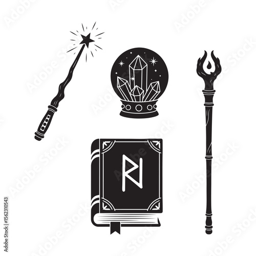 Black and White Magic Wand Crystal Ball Staff and Book vector Silhouettes