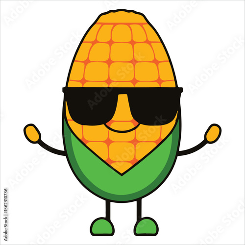 Cool corn character with sunglasses cartoon illustration. Funny vegetable mascot isolated on white, perfect for summer food festivals and retro snack branding.