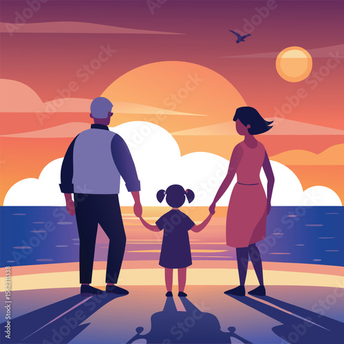Family Sunset Beach Walk Grandparents, Parents, and Child Enjoying a Coastal Evening
