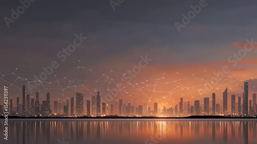 Cityscape at Dawn: A mesmerizing cityscape emerges at dawn, illuminated by a radiant sky and reflected in calm waters, symbolizing the start of a new day and urban connectivity.