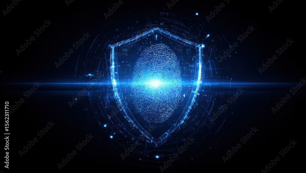 Obraz premium A glowing blue fingerprint inside a shield on a dark background with a bright light effect security