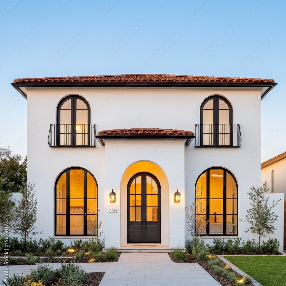 Elegant White Stucco Home with Arch Windows and Red Tile Roof, Architecture, Exterior Elegant White Stucco Home with Arch Windows and Red Tile Roof, Architecture, Exterior