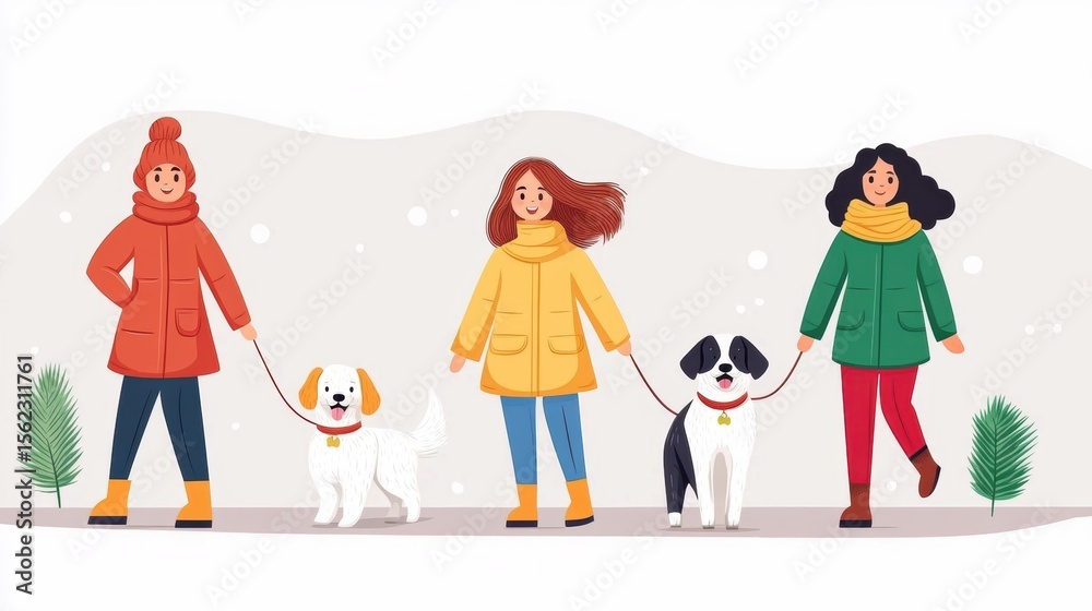Fototapeta premium Three women in colorful winter coats walking their dogs in a snowy landscape, perfect for promoting pet care, winter fashion, or lifestyle themes in advertising and social media,