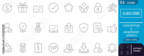 Premium quality line icons for subscription, VIP membership, and loyalty services. Perfect for apps, pricing pages, badges, and user account interfaces.
