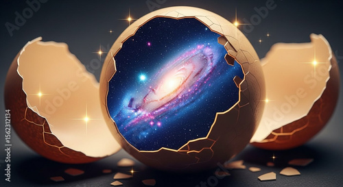 A close-up of a cracked eggshell revealing a glowing galaxy inside, cosmic and abstract. ai