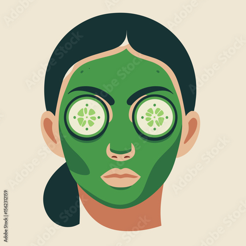 Relaxing spa treatment illustration featuring a woman with a green face mask and cucumber slices on her eyes