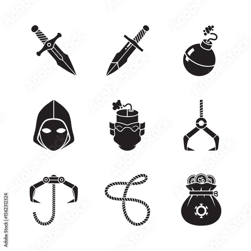 Black and white vector icons of weapons and tools illustration