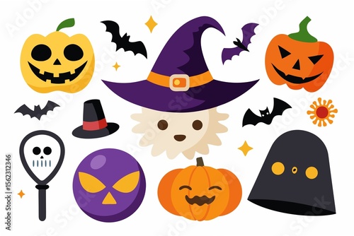 Cheerful Halloween Cartoon Icons: Pumpkins, Bats, Witch Hat, and Friendly Ghosts; Flat Design Style