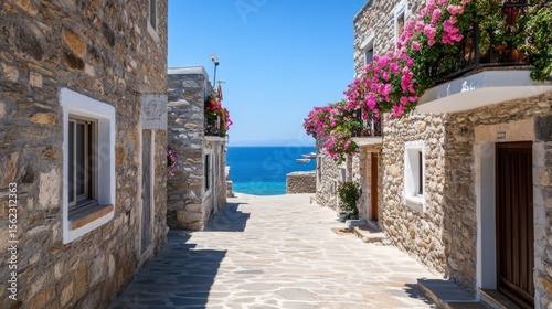 Fototapeta Naklejka Na Ścianę i Meble -  Greek Island Street View with Bougainvillea, Sea, Architecture ,Summer