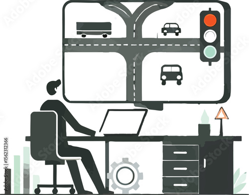 Transportation analyst monitoring traffic flow and analyzing data on a digital display