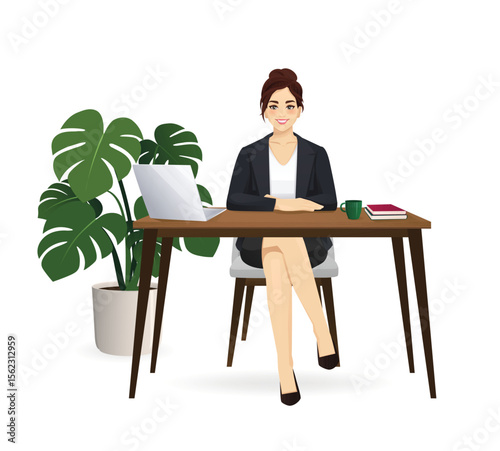 Elegant beautiful business woman in suit using laptop computer sitting at desk. Full body isolated vector illustration