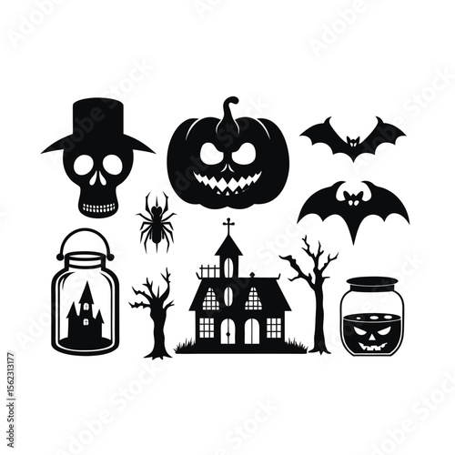 Halloween silhouette element vector happy halloween vector night icons set Premium vector
