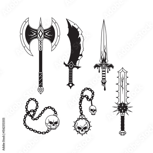 Black and White Weapons Axe Sword Flail and Dagger vector Illustration