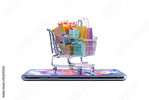 Shopping cart on smartphone screen, online shopping concept