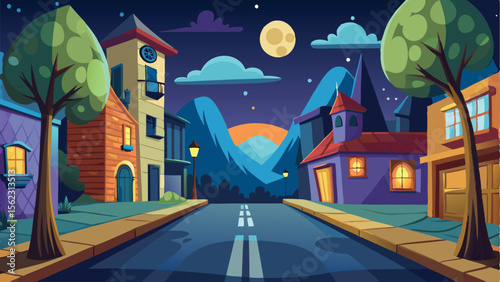 Cartoon Street Scene Houses, Trees, Mountains, and Moon at Night Illustration