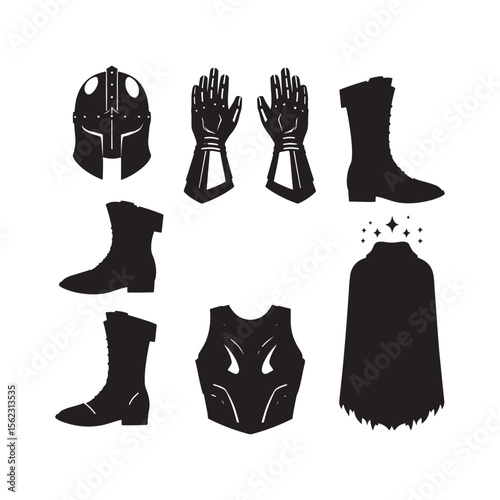 Black Armor Elements: Helmet Gloves Boots Chest Armor and Cape vector icon collection